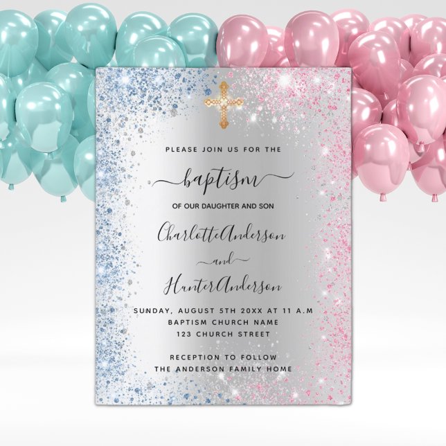 Flicka med Baptism silver blå rosa twillingar Inbjudan Vykort (Skapare uppladdad)