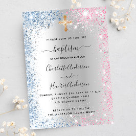 Flicka med Baptism silver blå rosa twillingar Inbjudningar