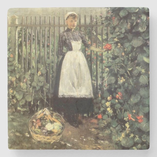 Flicka med Basket i grönsaker i en Garden Stenunderlägg (Framsidan)