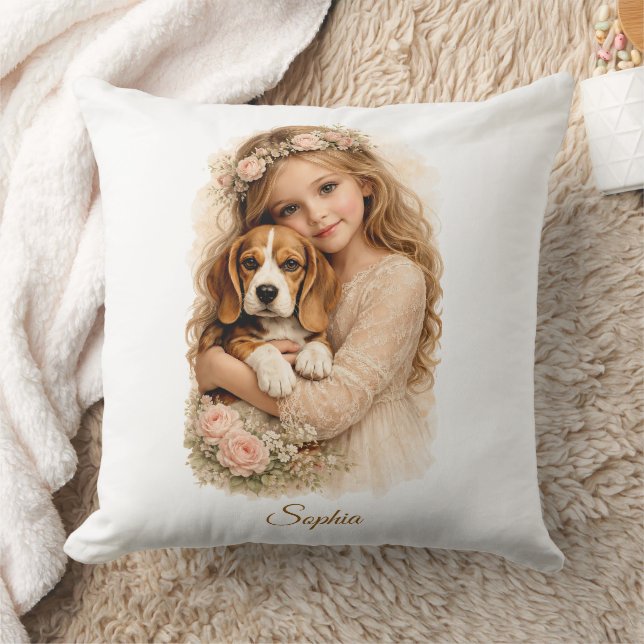 Flicka med beagle-valp kudde (Filt)