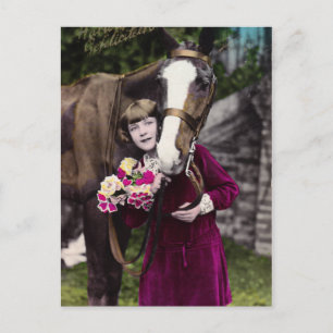 Flicka med blommor vykort