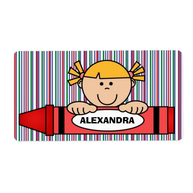 Flicka med Blonde Hair Crayon School Supply Label Fraktsedel (Framsidan)