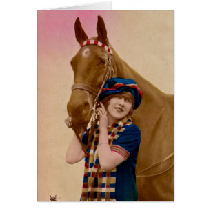Flicka med den plädscarfen och hästen hälsningskort