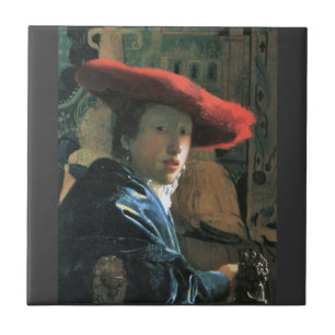 Flicka med den röda hatten av Johannes Vermeer Kakelplatta