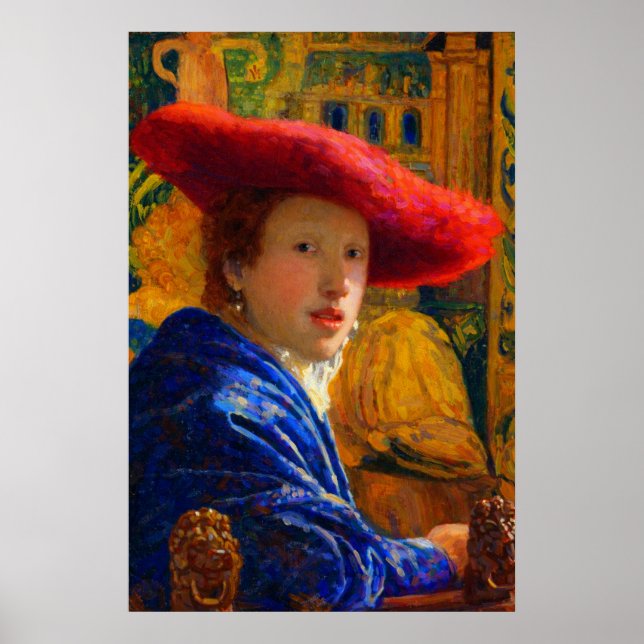 Flicka med den röda hatten av Johannes Vermeer Poster (Framsidan)