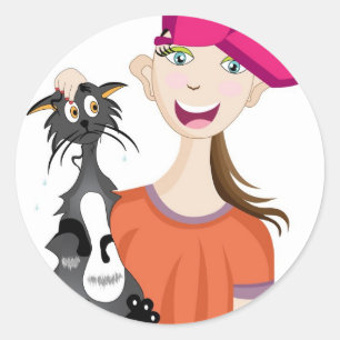 Flicka med den våta katten runt klistermärke