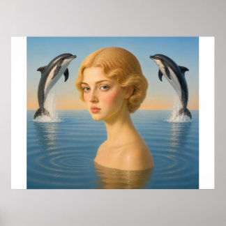 FLICKA med DOLFINER I OCEANEN Poster