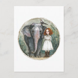 Flicka med elefant och fågel vykort