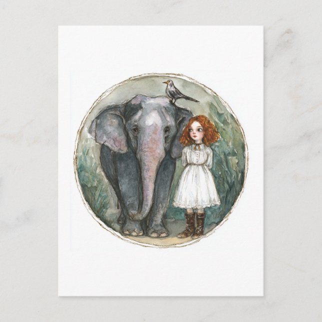 Flicka med elefant och fågel vykort (Framsida)