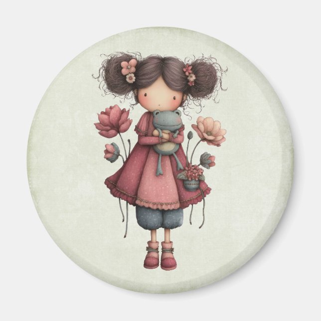 Flicka med en grod docka söt och nyckfull magnet (Framsidan)