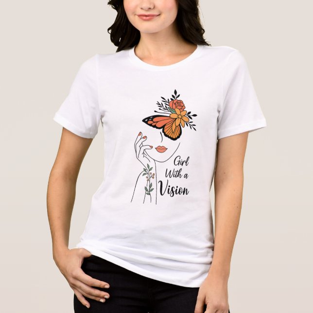 Flicka med en vision fjärils linjekonst t shirt (Framsida)