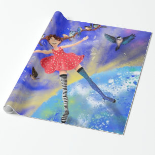 Flicka med fågelsvällande Papper gift Fantasy Presentpapper