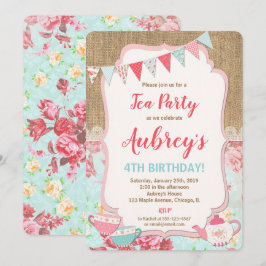 Flicka med födelsedagsinbjudan till Tea party shab Inbjudningar