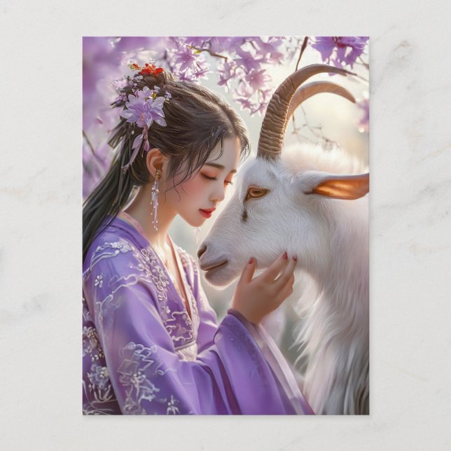 Flicka med get Chinese Zodiac Art Vykort (Framsida)