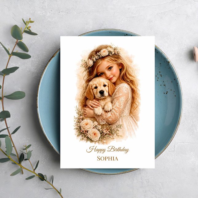 Flicka med Golden Retriever-valp Kort (Skapare uppladdad)