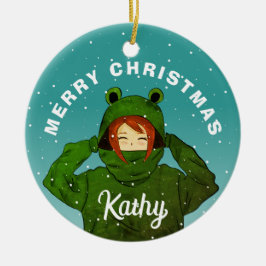 Flicka med Grönt Frog Hoodie Teckning jul Julgransprydnad Keramik