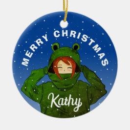 Flicka med Grönt Frog Hoodie Teckning jul Julgransprydnad Keramik