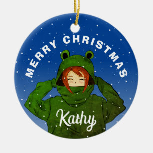 Flicka med Grönt Frog Hoodie Teckning jul Julgransprydnad Keramik