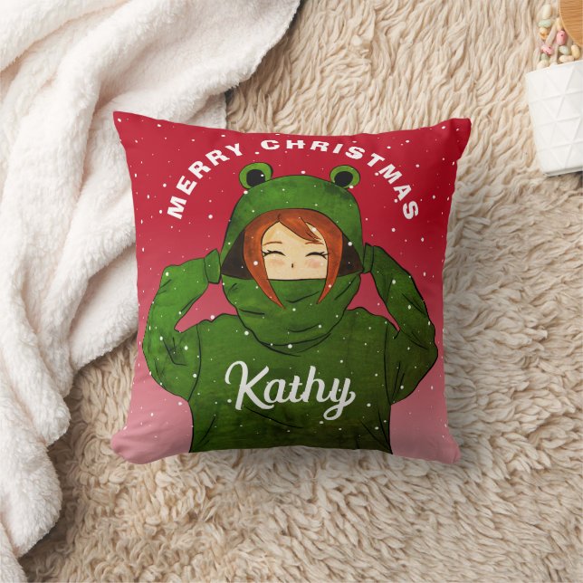 Flicka med Grönt Frog Hoodie Teckning jul Kudde (Filt)