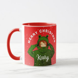 Flicka med Grönt Frog Hoodie Teckning jul Mugg