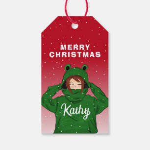 Flicka med Grönt Frog Hoody Teckning jul Presentetikett