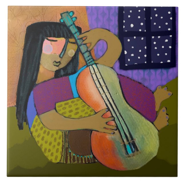 Flicka med Guitar Ceram Tile/Trivet (6-tums kvadra Kakelplatta (Framsidan)