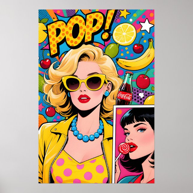 Flicka med gula solglasögon Pop Art-affisch Poster (Framsidan)
