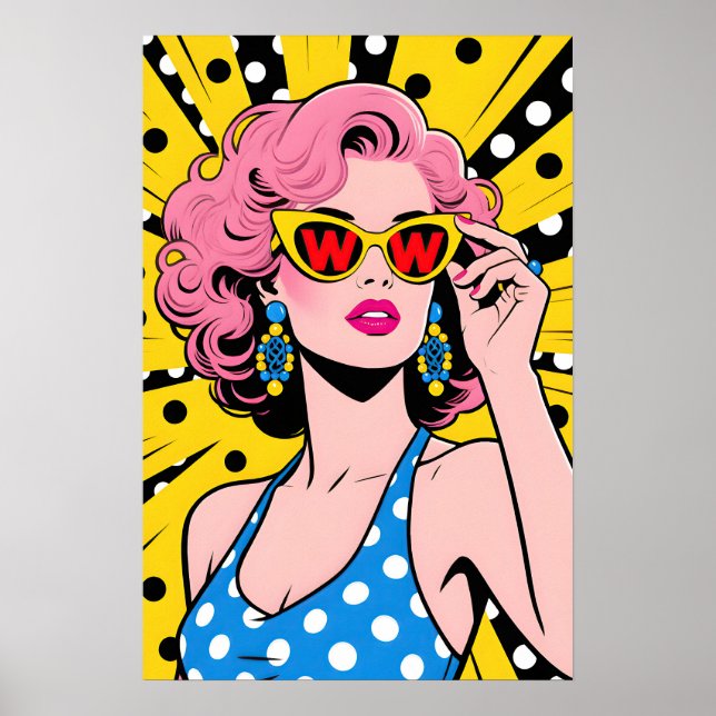 Flicka med gula solglasögon Pop Art Poster (Framsidan)