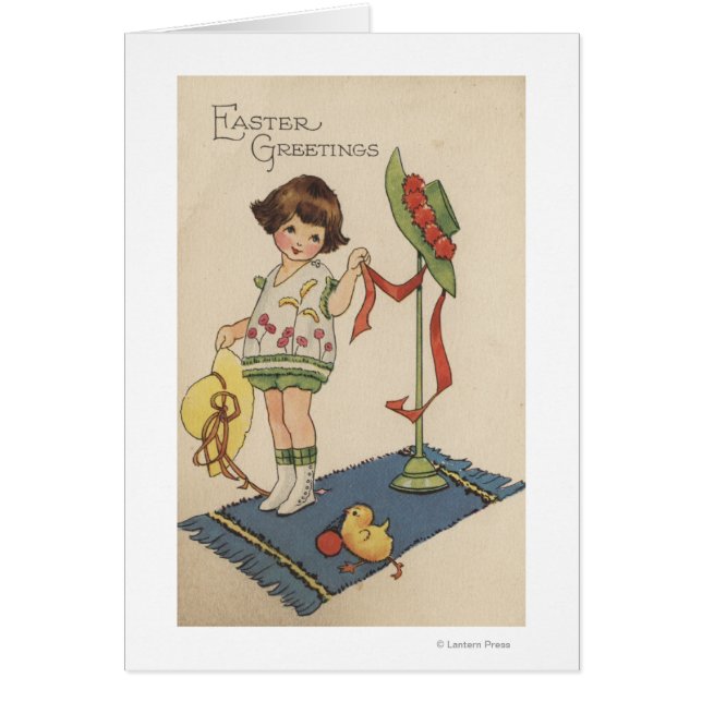 Flicka med Gult Hat och Chick Hälsningskort (Framsidan)