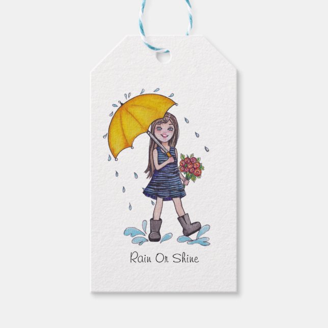 Flicka med Gult paraply i vattenfärg Presentetikett (Framsidan)
