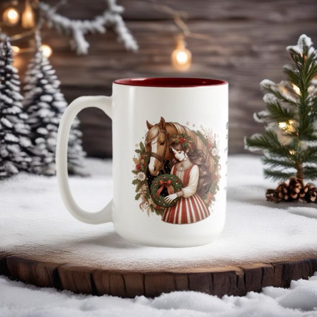 Flicka med häst och andedräkt jul Två-Tonad mugg (Enjoy this Beautiful Christmas Horse design! Personalize with your favorite Horse Girl!)