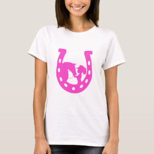 Flicka med häst och Western Hat Shock rosa Horsesh T Shirt