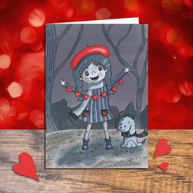 Flicka med Heart Garland Kid Valentine Day Card Helgkort (Skapare uppladdad)