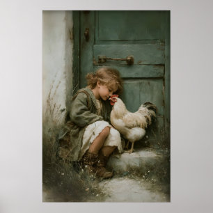 Flicka Med Höprint, Tupp Rustik Poster