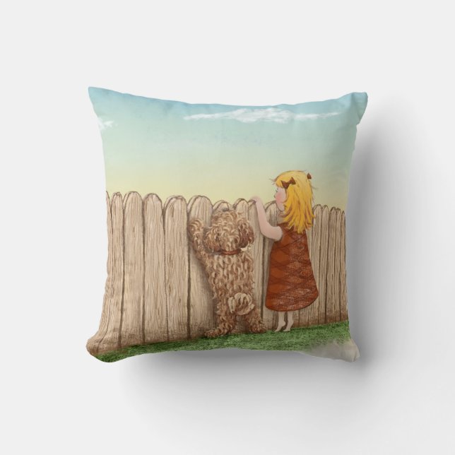 Flicka med hundmålningar/Labradoodle kärlek Kudde (Framsida)