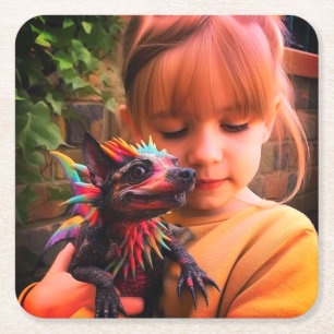 flicka med Kreature Underlägg Papper Kvadrat