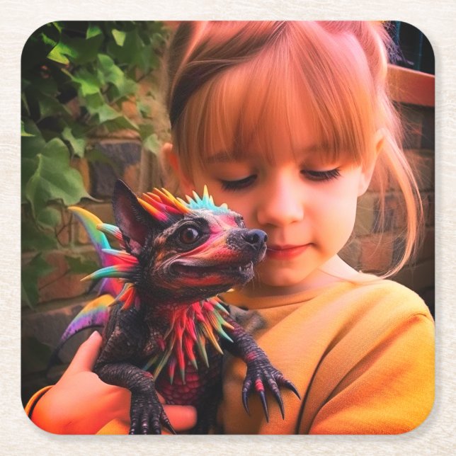 flicka med Kreature Underlägg Papper Kvadrat (Framsidan)