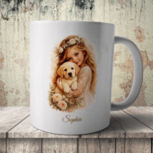 Flicka med labradorvalp kaffemugg