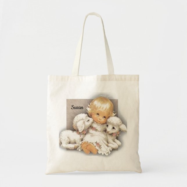 Flicka med lamm - namn Tote Bag Tygkasse (Framsidan)