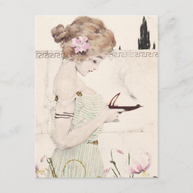 Flicka med lampa Art Nouveau vykort (Framsida)