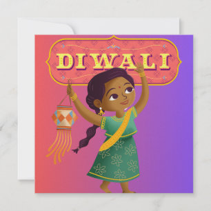 Flicka med Lantern Diwali-kort färgstark anpassnin Julkort