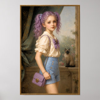 Flicka med lila färg och siamesisk katt poster