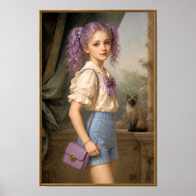Flicka med lila färg och siamesisk katt poster (Framsidan)
