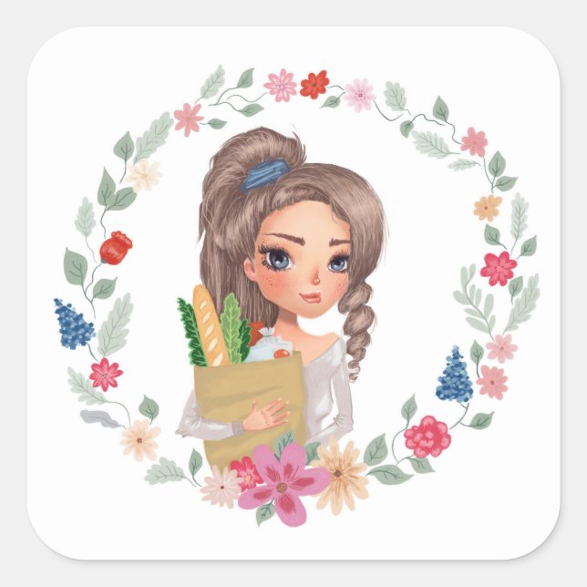 Flicka med Livsmedel Fyrkantigt Klistermärke (Framsida)