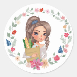 Flicka med Livsmedel Runt Klistermärke