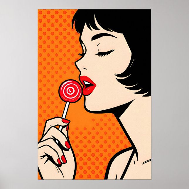 Flicka med Lollipopl Pop Art-affisch Poster (Framsidan)