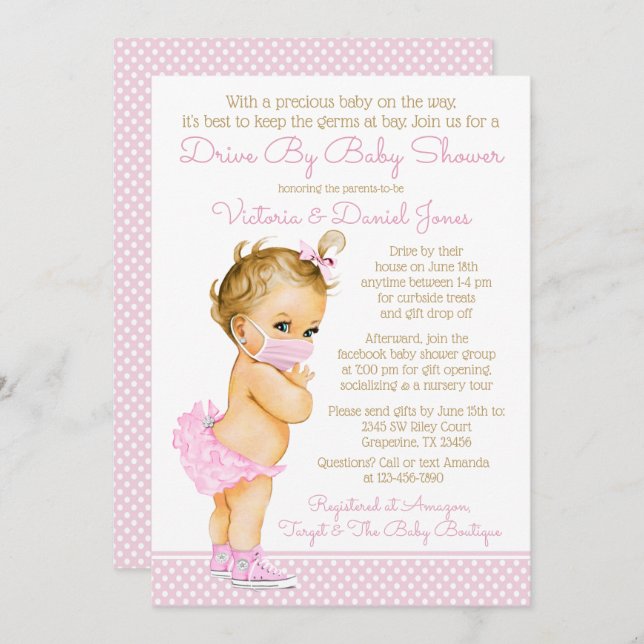 Flicka med maskenhet i babyvisningsprogrammet inbjudningar (Fram/baksida)