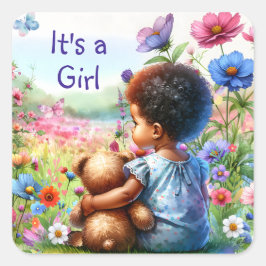 Flicka med Nalle Baby Shower Det är en flicka Fyrkantigt Klistermärke