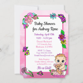 Flicka med Nalle Rosa Baby Shower-Blommigt Inbjudningar