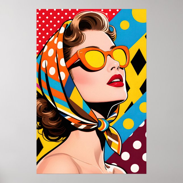 Flicka med orange solglasögon Pop Art Poster (Framsidan)